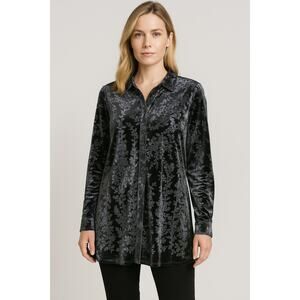 Jason USA Women's SZ L Gray Black Velvet Burnout Button Front Tunic Top V102